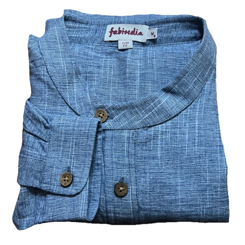 Fabindia Tunic Womens M Slim Heather Blue ButtonFront Roll Tab Slv Boho